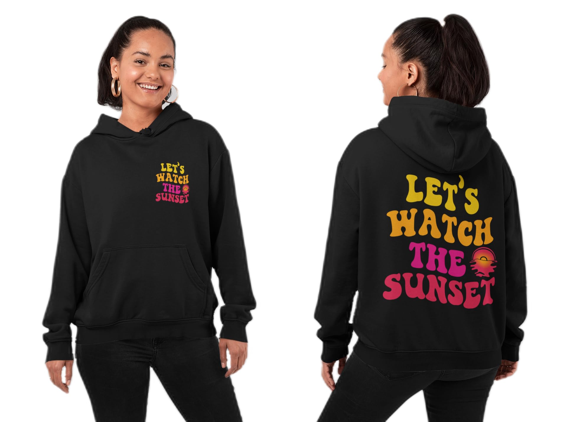 RARE BEAR Women Lets Watch The Sunset Printed Sweatshirt with Hoodies, Fleece Material Full Sleeves Jumper Winter Wear, Hooded Neck Regular Fit Long Sleeve
