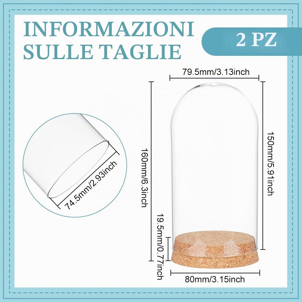 BENECREAT 2 set Cupola per Display In Vetro Da 80x160 mm/3.15x6.3 pollici con Base, Cupola Decorativa con Coperchi In Sughero, Campana A Cloche per Piante Da Fiore, Esemplari,Interno: 74.5mm