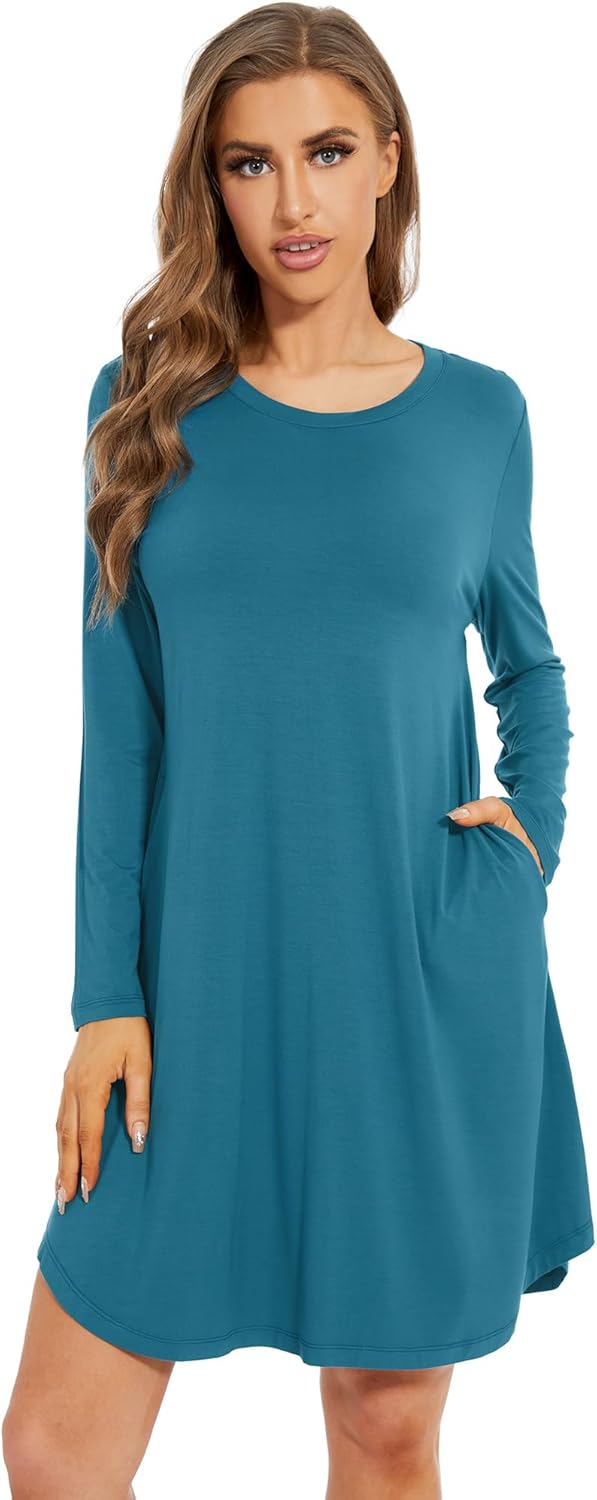 WiWi Women's Viscose from Bamboo Nightgowns Long Sleeve Cooling Crewneck Sleepshirts Casual Gown Super Soft Sleep Shirt S-XXL