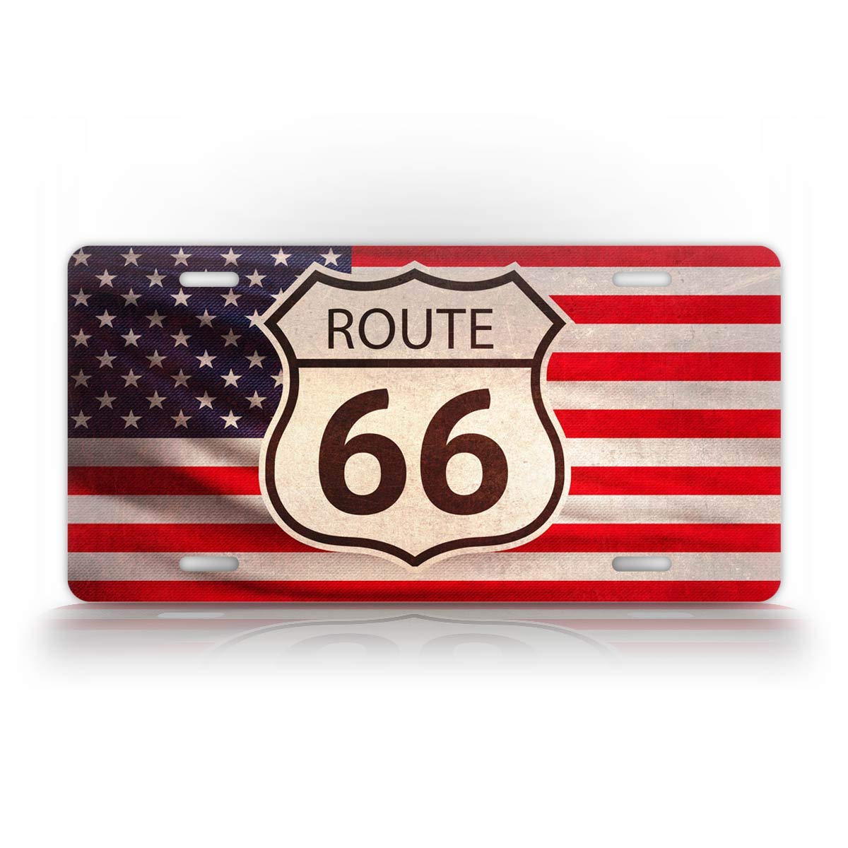 Historic Route 66 Sign American Flag License Plate Mother Road Auto Tag