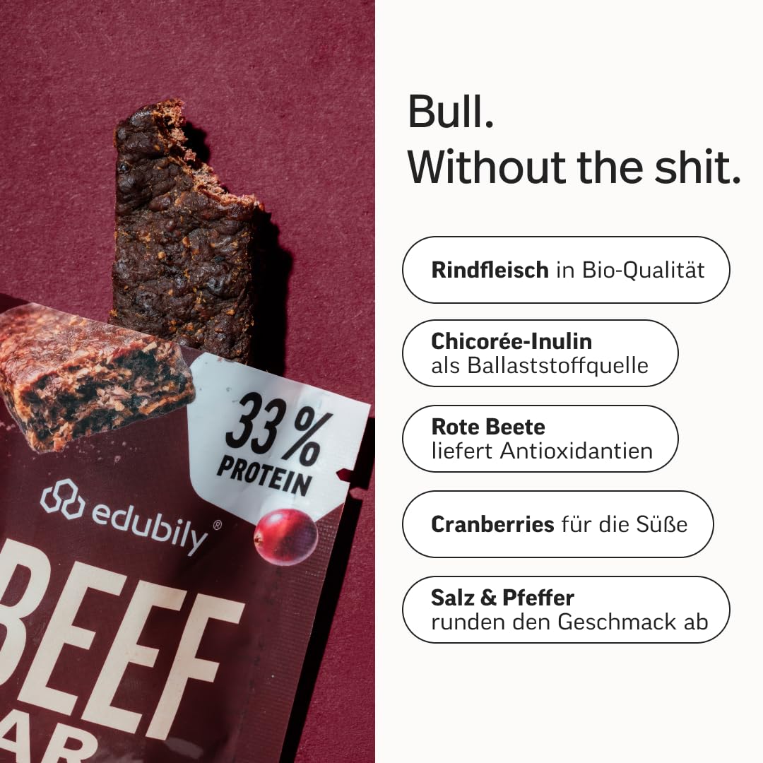 edubily® Beef Bar Cranberry - Protein Riegel als herzhafter Snack für unterwegs - mit 32% Protein aus Bio-Rindfleisch, Cranberries & Rote Bete - low carb (12x35 g, glutenfrei, Bio)