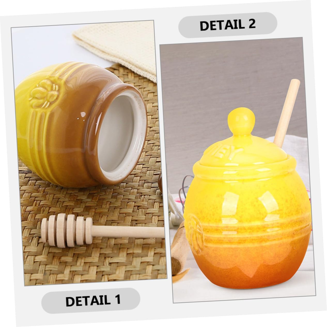NUOBESTY 2 Set Ceramic Honey Jar with Lid and Wooden Dipper Compact Porcelain Honey Pot Container for Freshness and Easy Storage Lidded for Kitchen Countertop