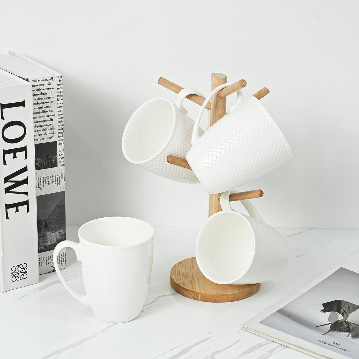 12 Oz White Coffee Mugs Set of 4, Fine Bone China Mugs, White Ceramic Coffee Cups Set, Rhombus Relief Texture, Lightweight Tea Mugs for Latte, Hot Cocoa, Women, Men - Image 5