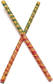 Dandiya Dance Sticks, Multicolor Striped Pattern with Ghungharu at end with Gold Accents, Traditional Folk Dance Accessories for Dandiya, Garwa Dance 1 Pair