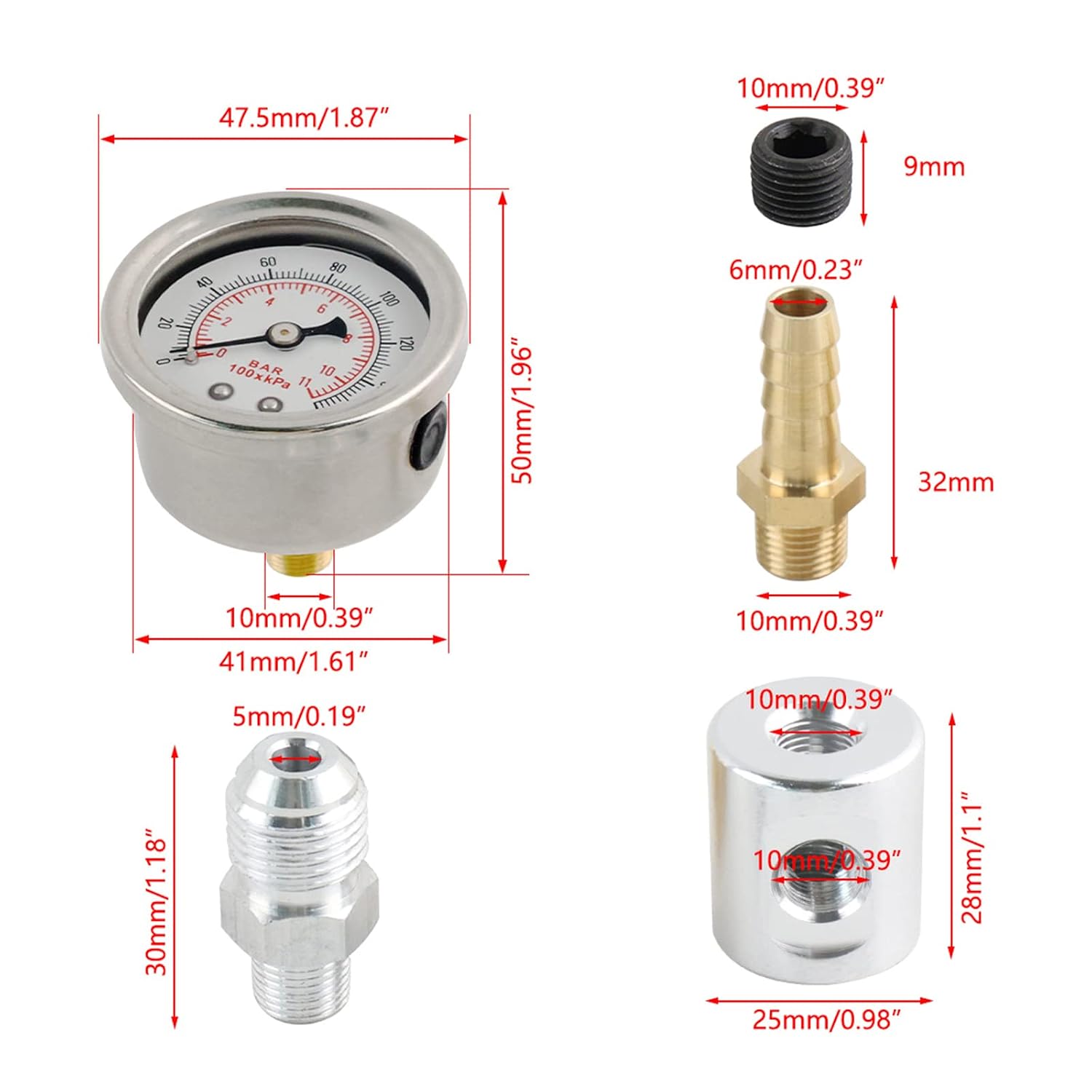 1 / 8Npt Fuel Pressure Gauge Liquid Filled Polished-Case 0-160Psi and Adaptor Kit for Car Fuel Systems