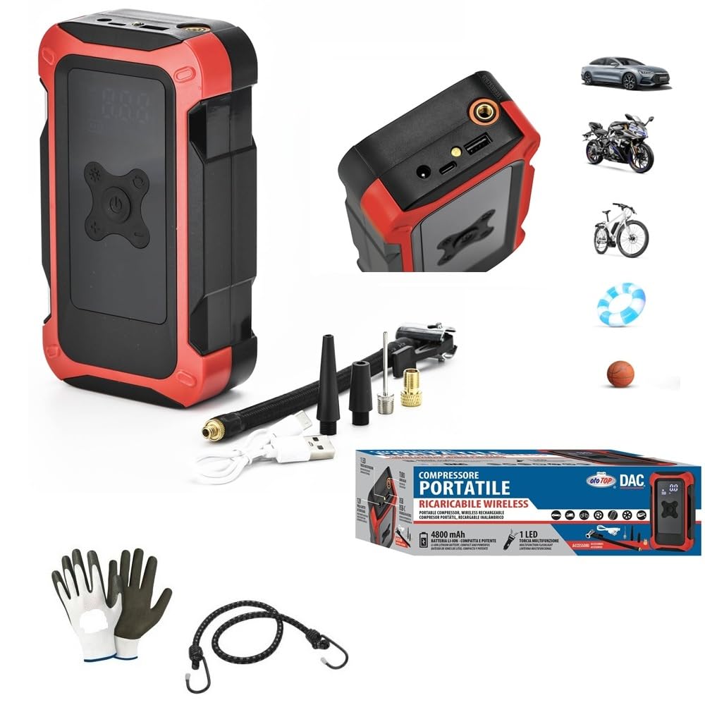 Compressore portatile ad aria 4800mAh per pneumatici auto moto bici palla ecc. COMPATIBILE CON BMW K 100 RS 16V. ABS gonfiaggio e sgonfiaggio 4 in 1 Ricaricabile Wireless TORCIA–POWER BANK
