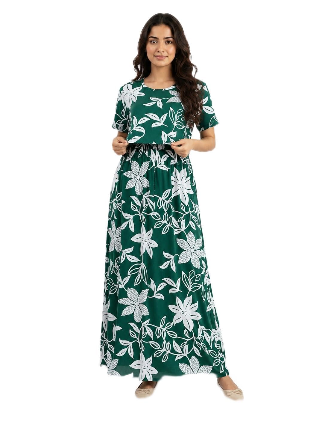 Feeding Dress for New Moms | Cotton Maternity Nighty | Zipless Nursing Gown with Pull-Up Access | Ankle Length Pregnancy Wear | Pre & Post Maternity Gown