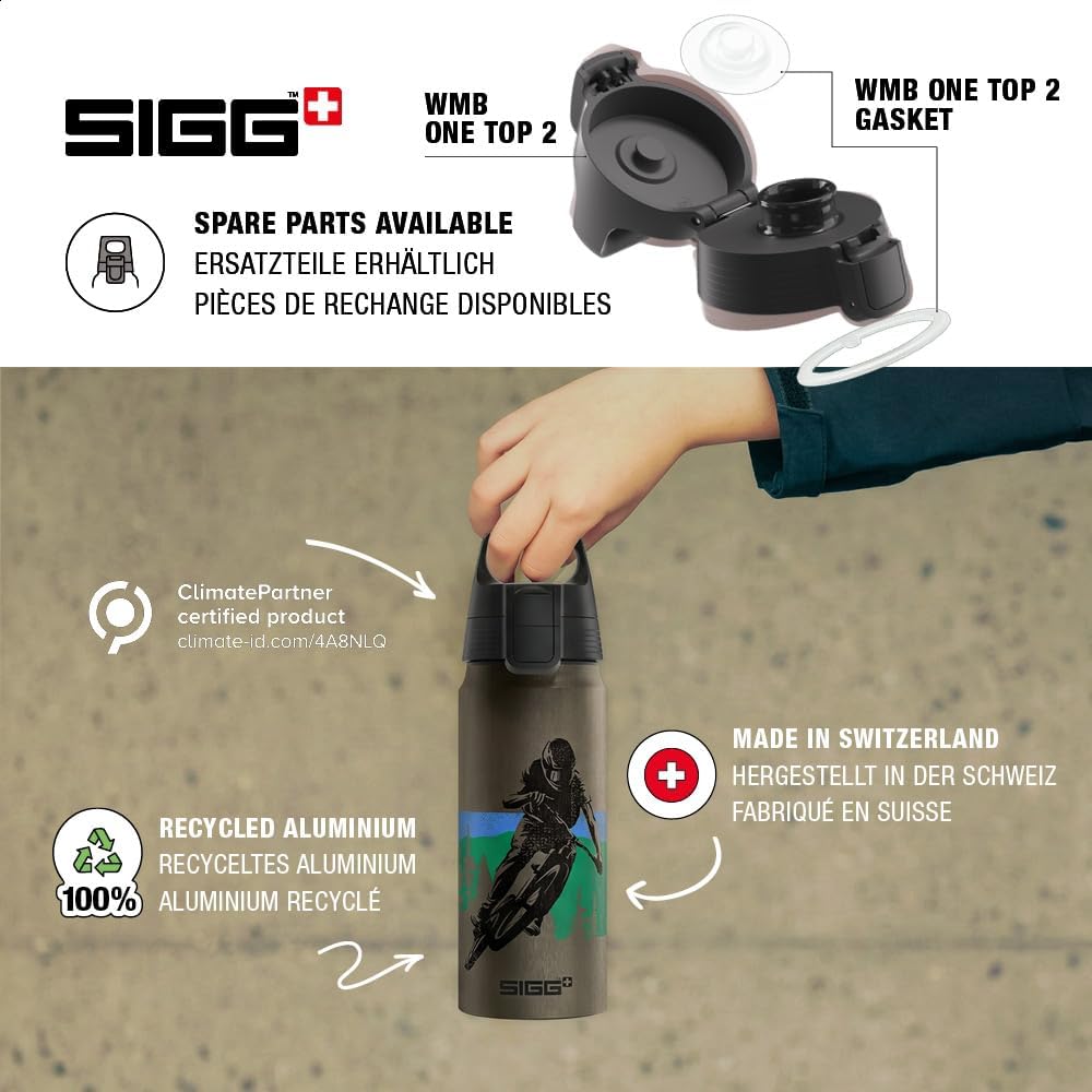 Sigg - Aluminium Water Bottle for Children - WMB One Bike - Suitable for Carbonated Drinks - Leak-Proof - Feather-Light - BPA-Free - Climate Neutral Certified - Sports & School - Grey - 0.6 L