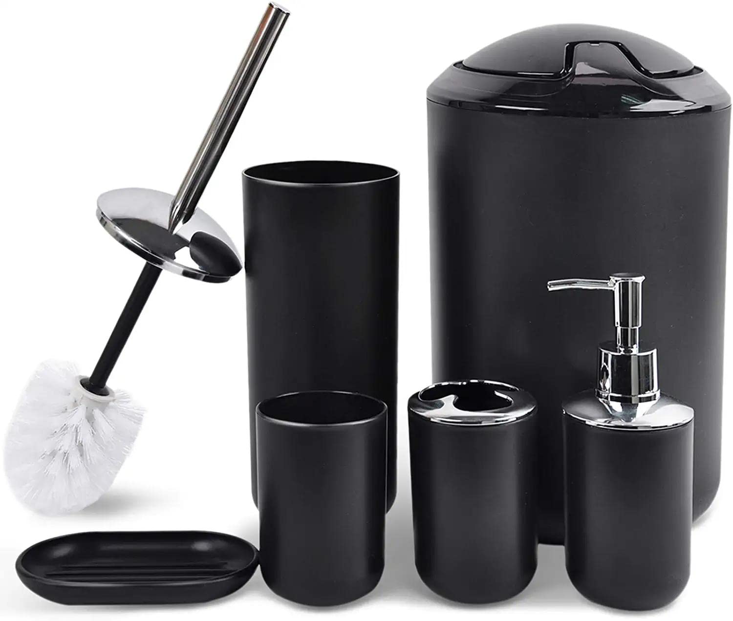 Bathroom Accessories Set, 6 Piece Plastic Gift Set, Toothbrush Holder, Toothbrush Cup, Soap Dispenser, Soap Dish, Toilet Brush Holder, Trash Can (black)