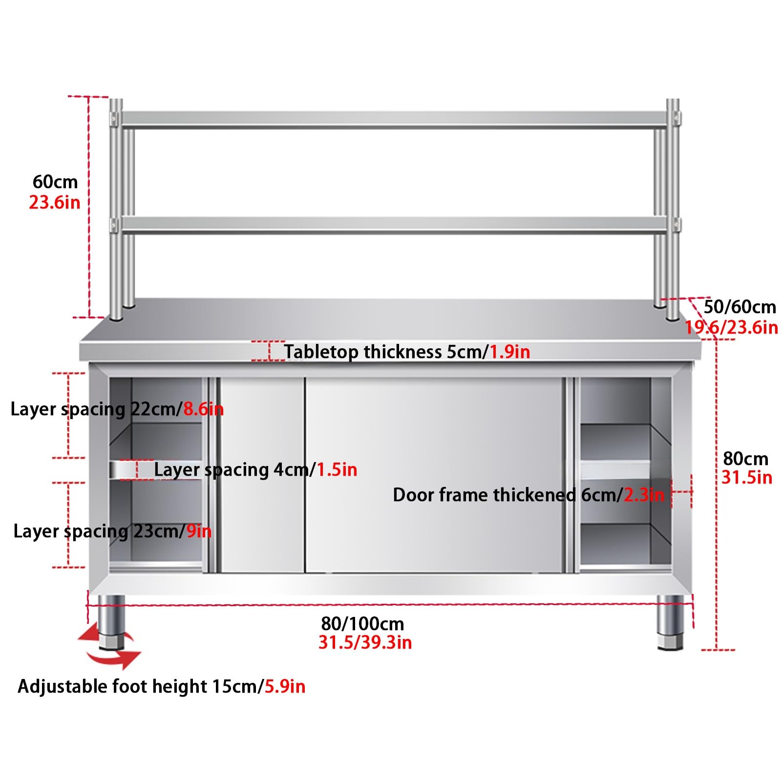 Edelstahl Arbeitstisch, Zerlegetisch mit Überregalen, Arbeitstisch Küche, Küchenarbeitsplatte Aus Edelstahl, Werkbank Aus Edelstahl for Restaurants(80x60x80cm)