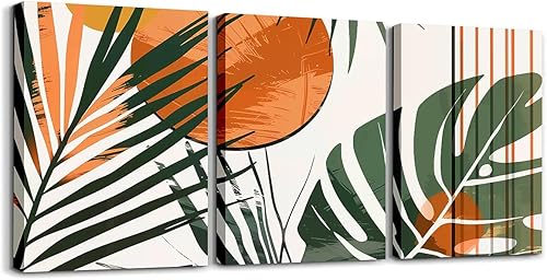 Juego de 3 lienzos de pared de hojas de palmera bohemias, arte minimalista, pintura retro de hojas de sol, decoración de pared para sala de estar,