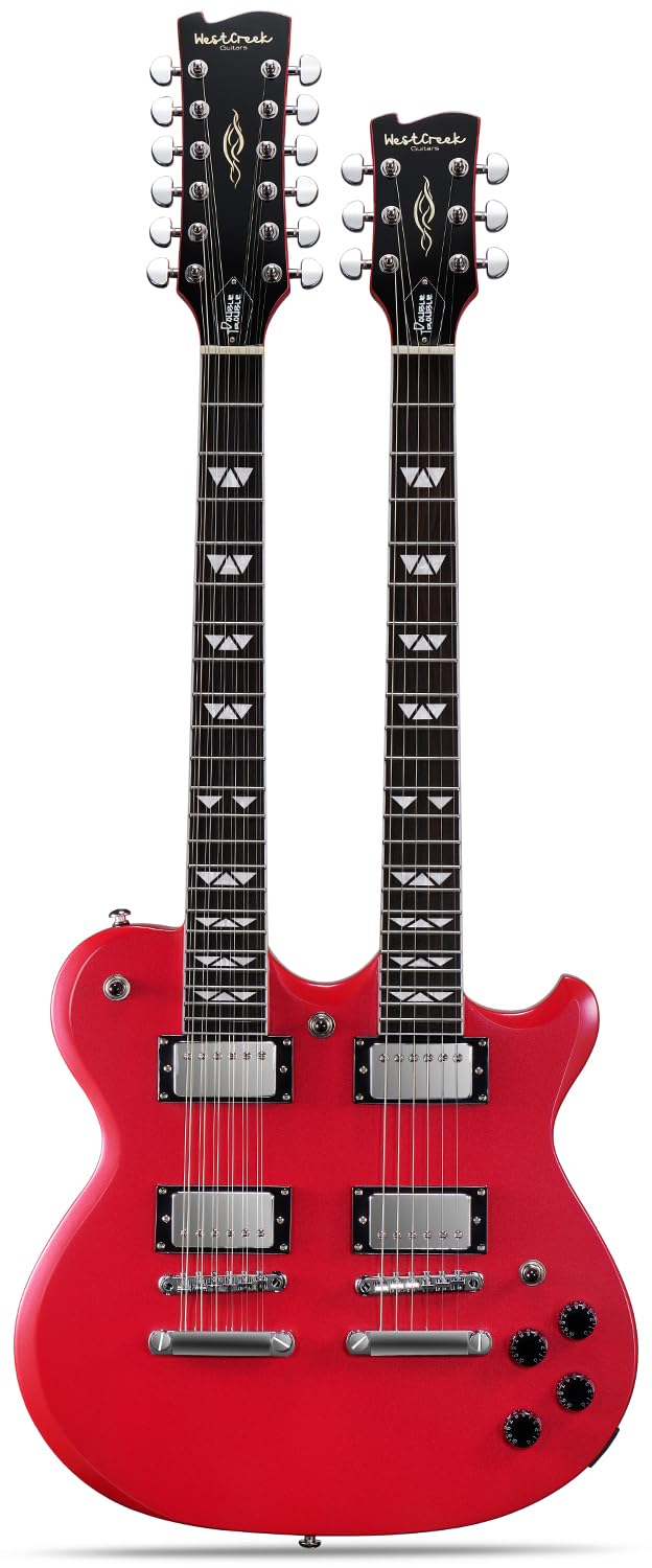 WestCreek DOUBLE TROUBLE Electric Guitar Double Neck 12 String & 6 String Guitar, Rosewood Fretboard and Mahogany Body (PINK)SEE PHOTOS