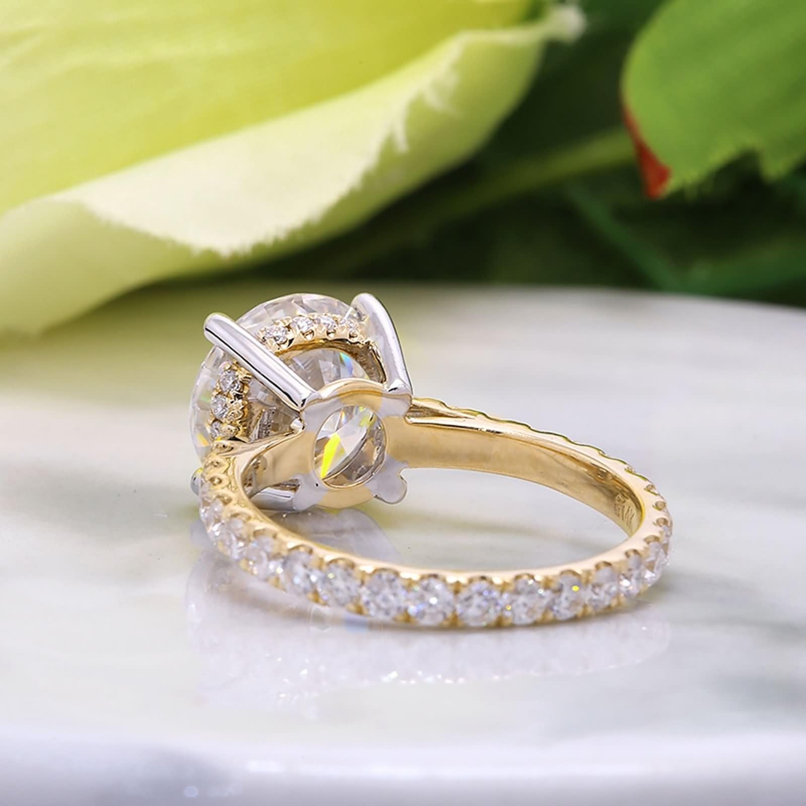 Pierścionek damski z prawdziwego złota, z żółtego złota, pierścionek ślubny, 4 ct, moissanit, okrągły krój, 4 ząbki, 14 K/18 K, dla kobiet