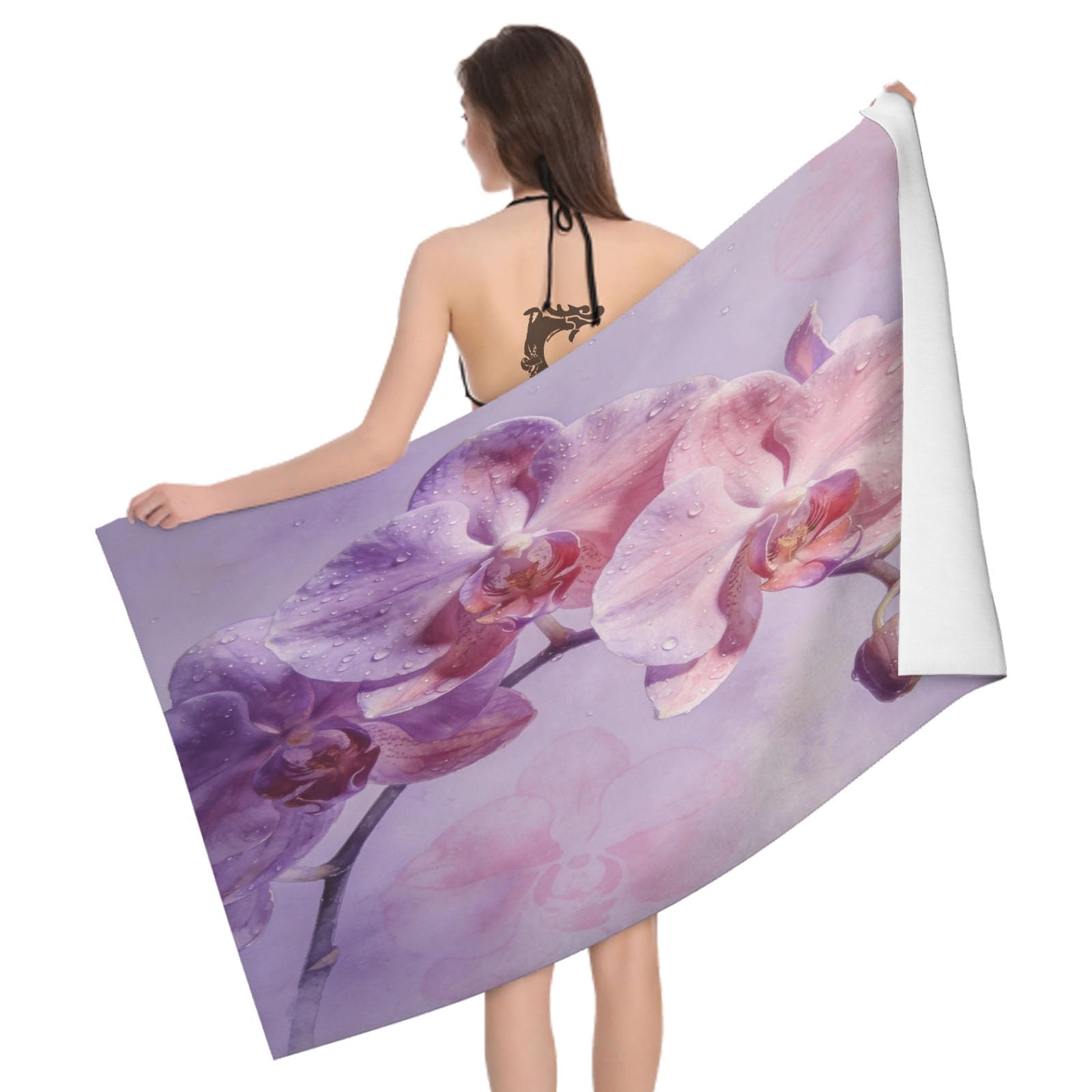 Leichong 3D Phalaenopsis Orchid Beach Towel Microfiber Soft Quick Dry for Adults, Flower Illustration Bath Towel Lightweight Soft Absorbent for Travel Swimming Pool Sports, 75 x 150 cm
