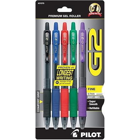 PILOT G2 Premium Refillable and Retractable Rolling Ball Gel Pens, Fine Point, Black/Blue/Red/Green/Purple Inks, 5-Pack (31079)