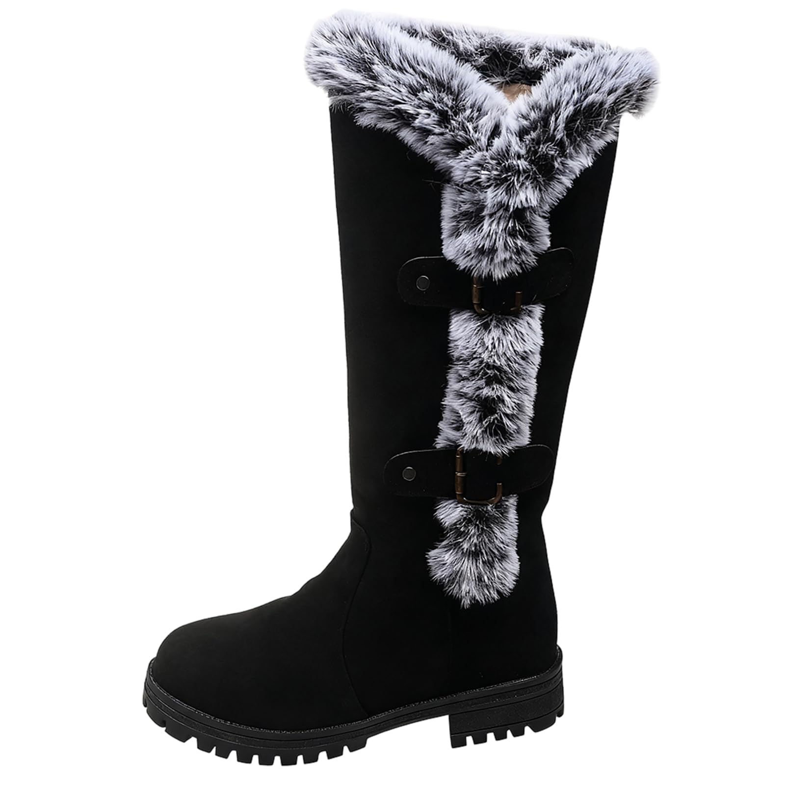 Womens Mid-Calf Winter Boots Warm Plush Lined Buckle Suede Snow Boots Comfortable Round Toe Fur Boots for Women