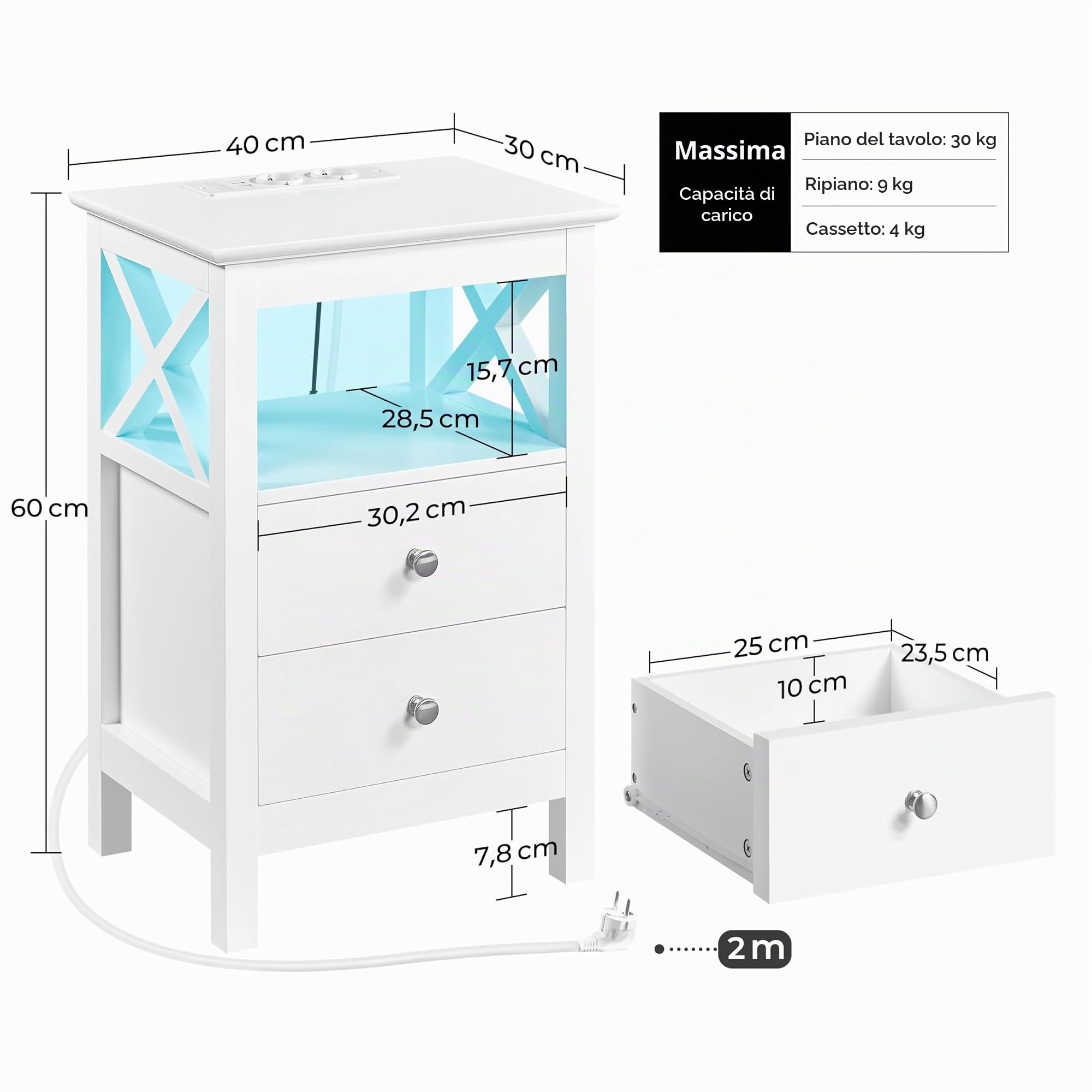 Yaheetech Comodino LED e Stazione Ricarica 2 Cassetti 1 Ripiano Aperto | Stazione di Ricarica Integrata USB e AC, Illuminazione LED Regolabile, Funzione Smart per Camera da Letto Moderna