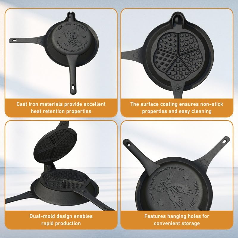 Cast Iron Waffle Maker with Low Base, Retro Waffle Iron with Five Waffles Shapes, Pre-Seasoned Two Piece Hinged Non-Drip Double Rim for Stove Top or Grill Makes (Waffle Irons-1)