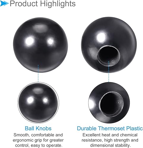 Vista 24 de Pomos de bola termoestables, rosca hembra M12 de 1.575 in de diámetro, agarre de tornillo de mano métrico de plástico rojo