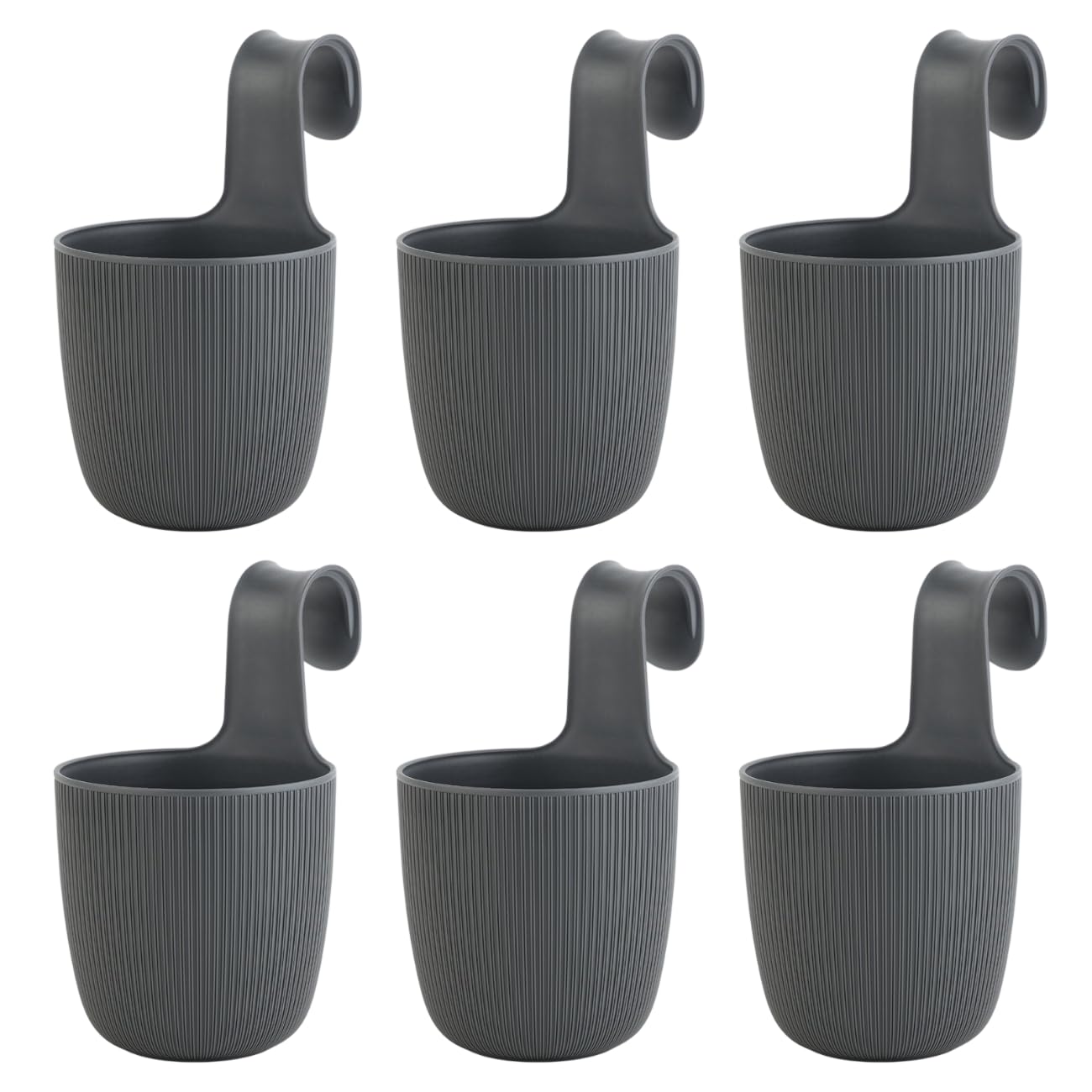 6 x Blumentopf, Balkontopf zum Aufhängen, Anthrazit, Hängetopf für runde & eckige Balkongeländer, Pflanzkübel, Wasserspeicher, Drainageeinsatz, UV- & Frostbeständig, Ø 15 cm