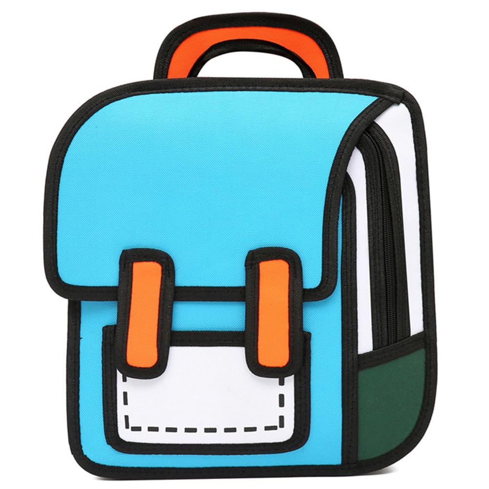 Lifelix Kids Kawaii Backpack for Boys Girls Cute Toddler 2D Cartoon Comic Paper Jump Bookbag Fun Weird School Schoolbag (Blue, Large)