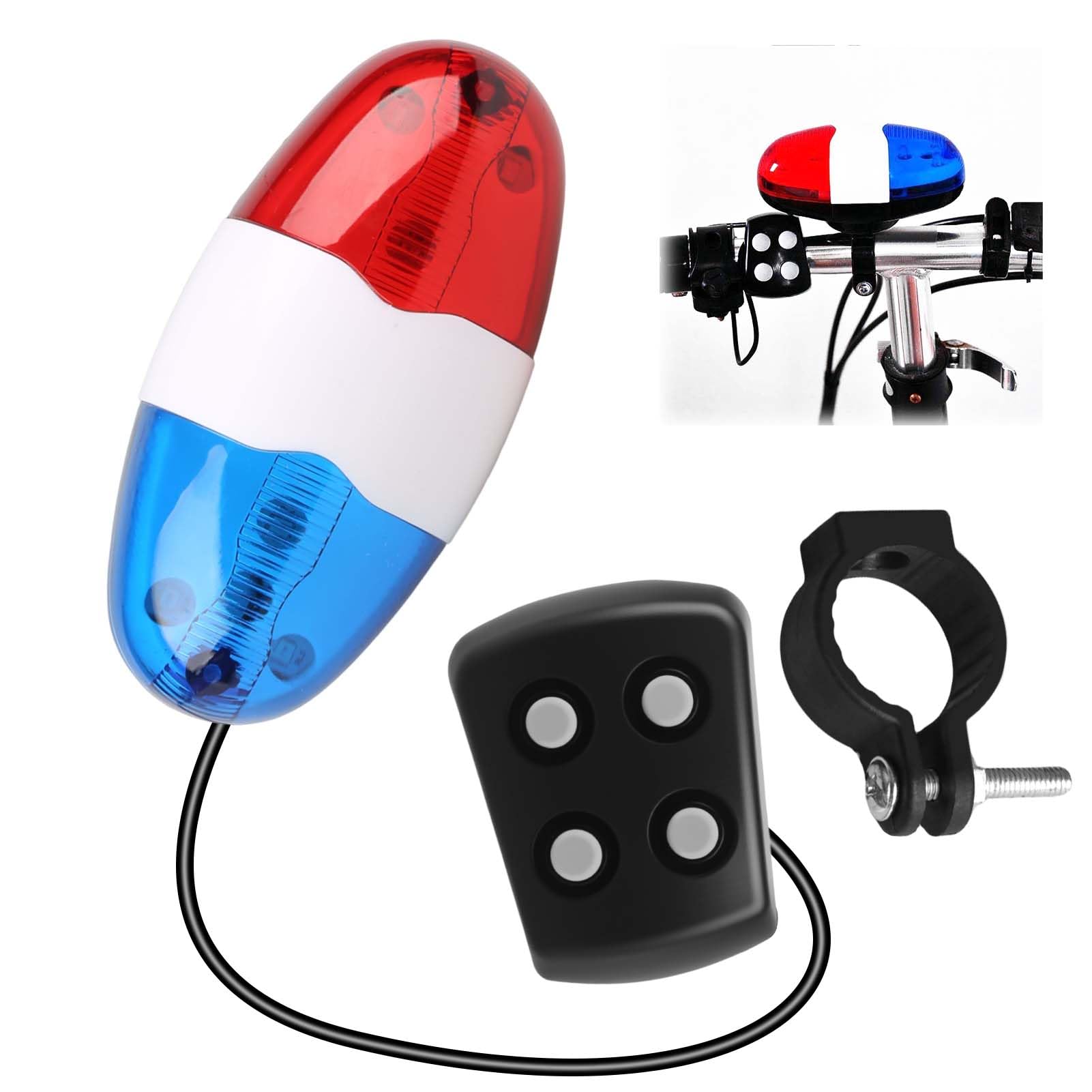Bicycle Police Siren Bike LED Light Electric Horn Siren Bell 4 Sounds 6-LED Flashing Blue and Red Battery-Powered Bicycle Safety Light for Mountain Bike Road Bike