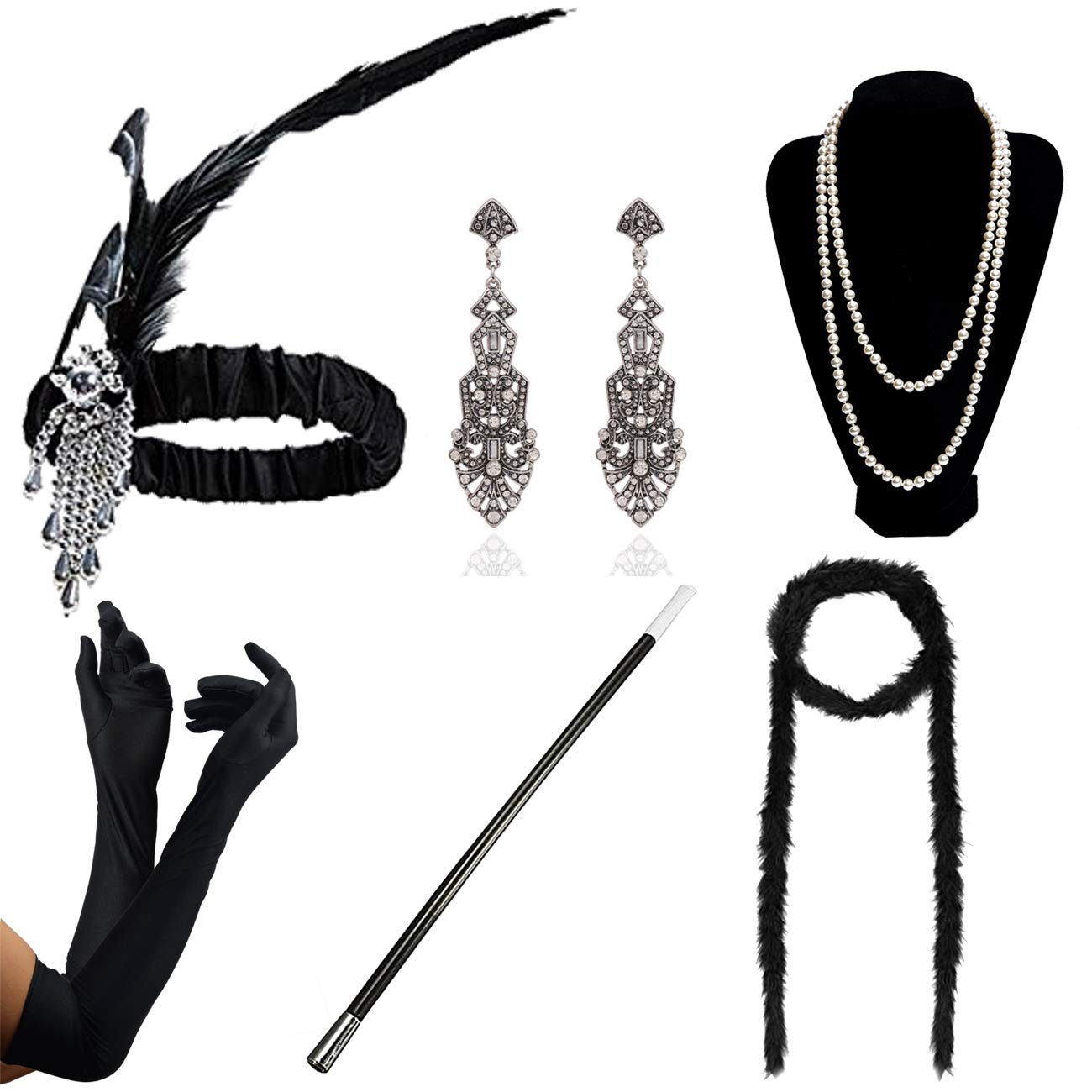 DRESHOW1920s Accessories Headband Necklace Gloves Flapper Costume Accessories Set for Women