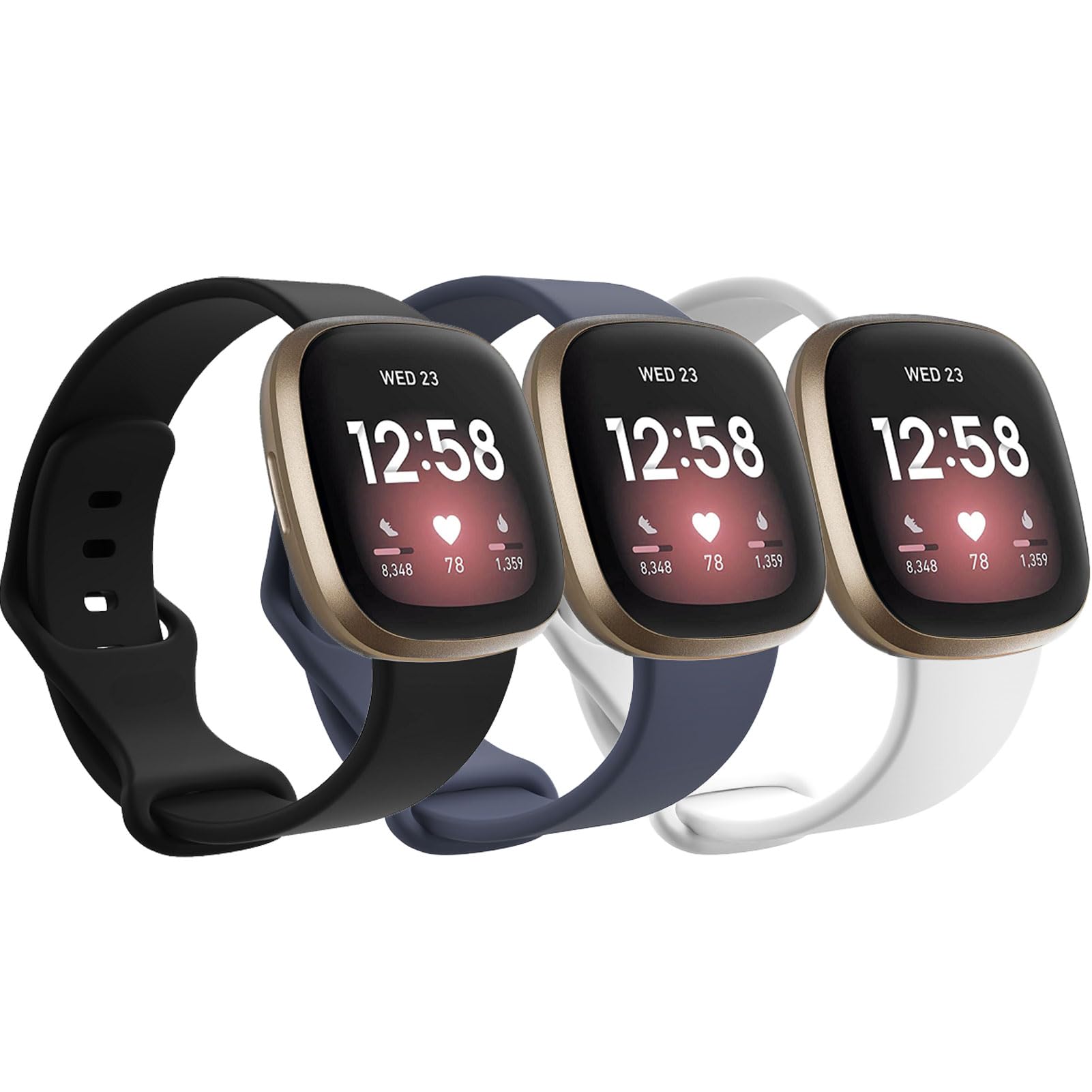 Garmcool 3 Pack Straps Compatible for Fitbit versa 4/3, Sense 2 / Sense Strap, Adjustable Replacement Silicone Sport Bands for Women Men/Black, Blue Grey, White, L