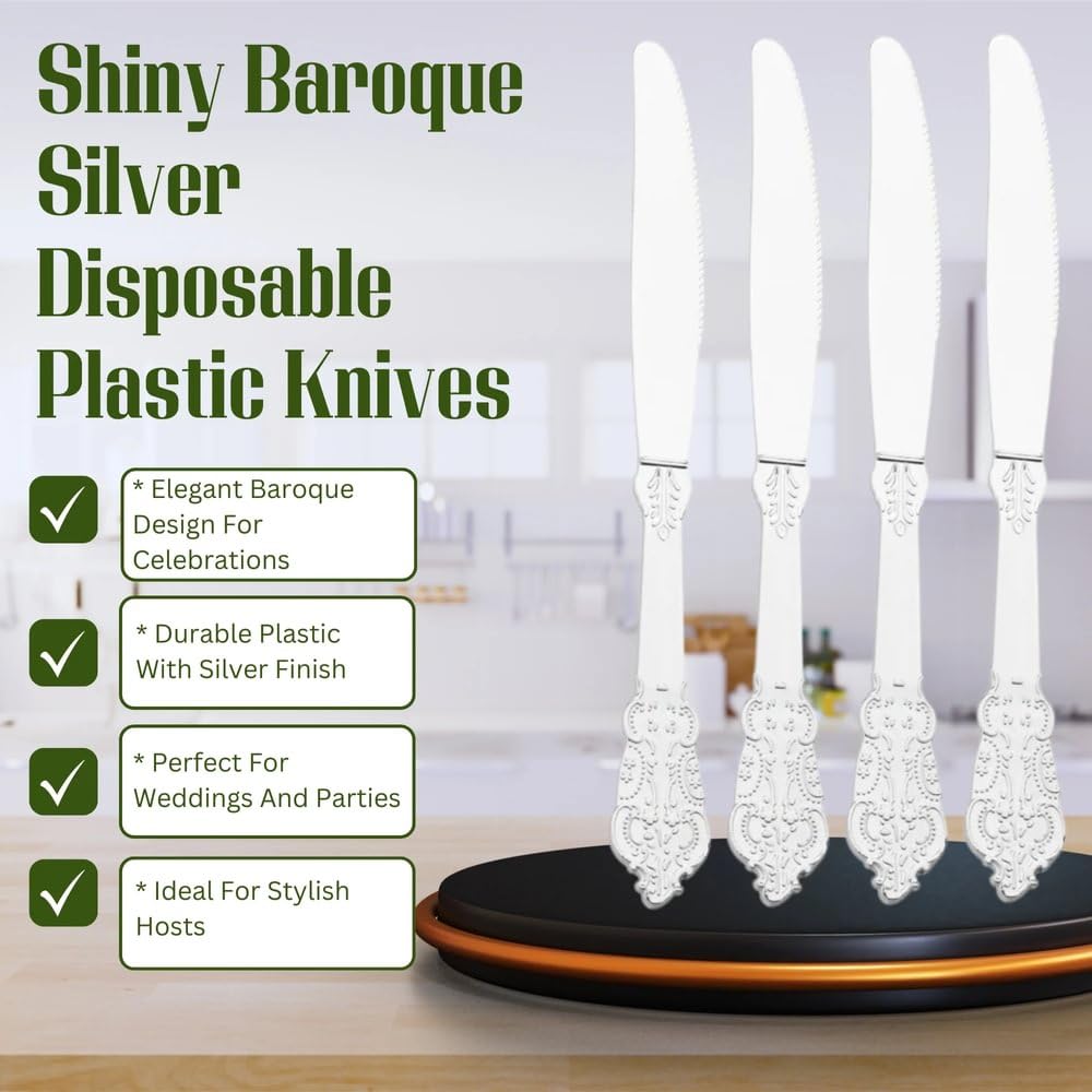 Kaya Shiny Baroque Silver Plastic Disposable Knives (7.8