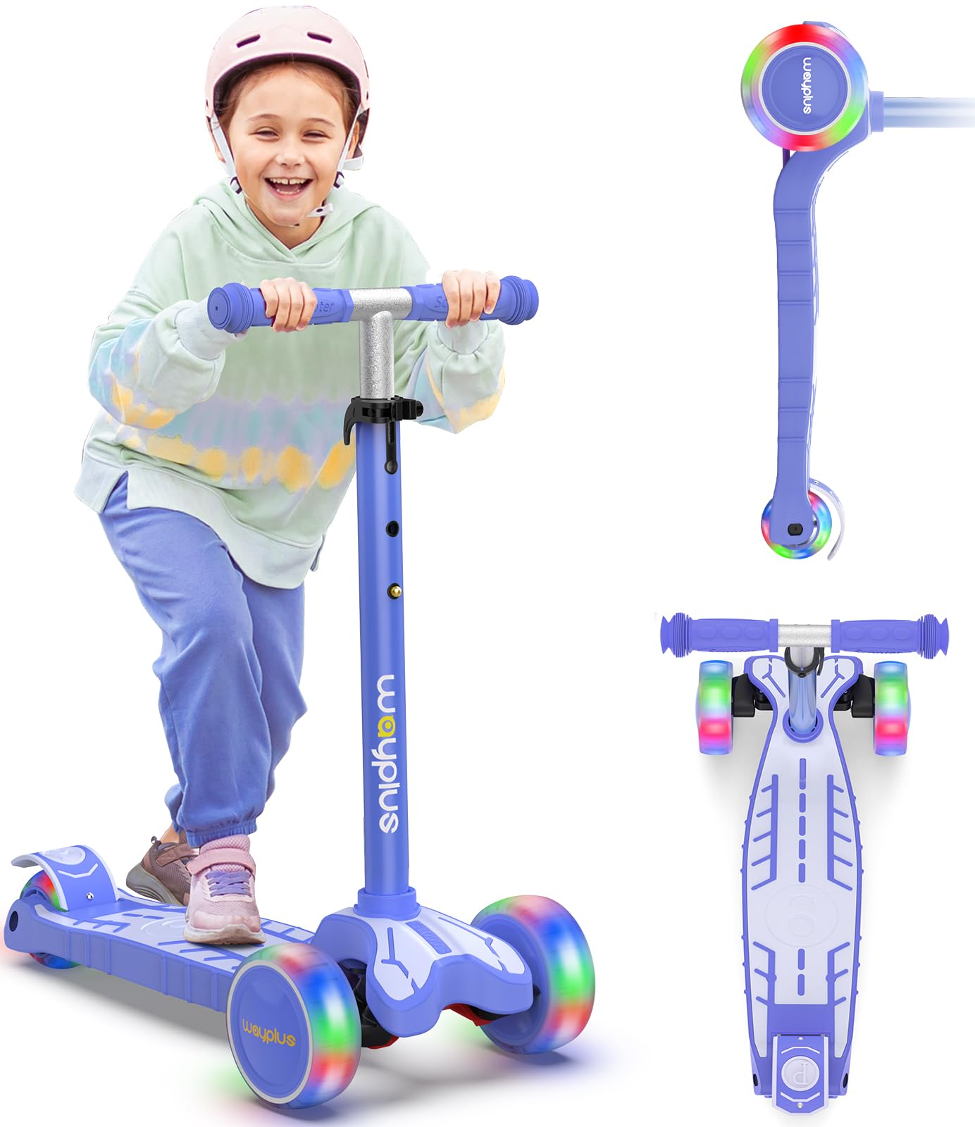 WAYPLUS 3 Wheel Scooter for Kids Ages 3+, 25mm Extra Thick Deck & Light Up Wheels for Kids Ages 3-5, 5-7. 4 Levels Adjustable Heights, Three Wheel Scooter for Kids Ages 8-12, Max Load 180LBS