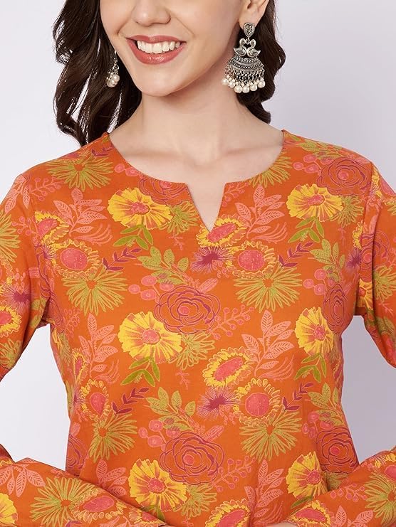 Short Cotton Kurti for Women, Short Tunic Tops on Jeans, V-Neck, Long Bell Sleeves, Floral Design - Image 2