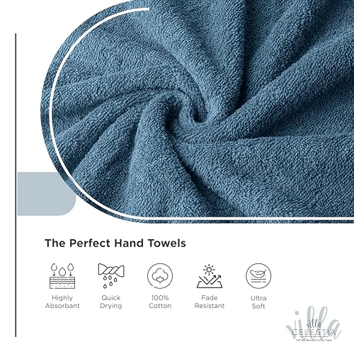Image of Cotton Hand Towels Set of 4, 16 x 28, Oeko-TEX Certified, Quick Dry, Blue