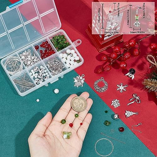 SUNNYCLUE 1 Box DIY 10 works Christmas Charms Red Green Glass Beads Earrings Making Starter Kit Tibetan Style Antique Silver Snowflake Charms Christamas Tree Charms for Jewellery Making Kits Women - Image 3
