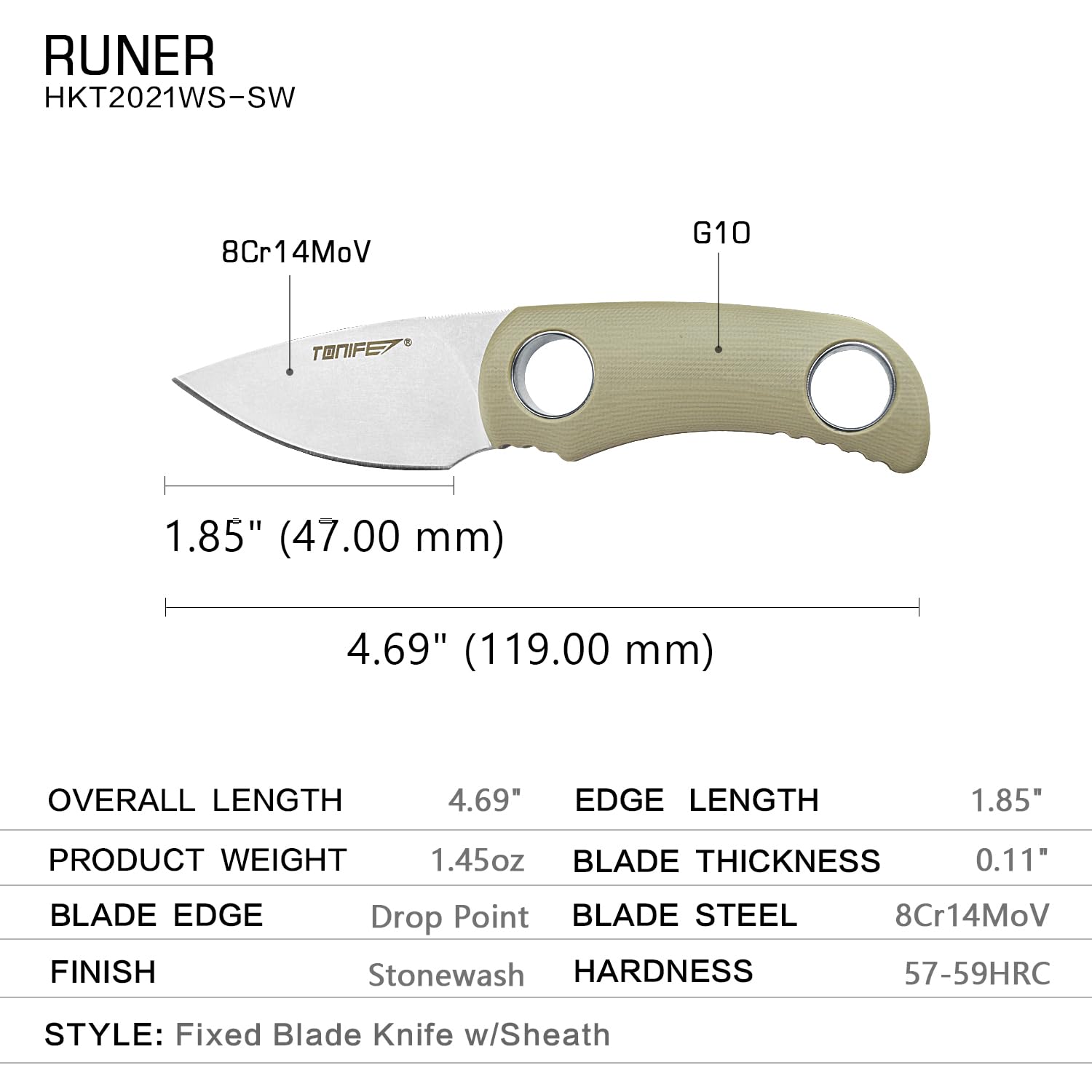 TONIFE Runer Full Tang Coltello da Caccia campeggio a Lama Fissa 4,7cm con Guaina Kydex Regolabile Facile Portabile con Cordino in Paracord per Outdoor, Sopravvivenza e Bushcraft(Cachi)