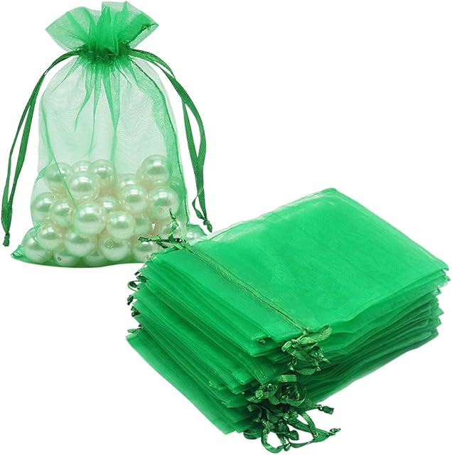 HRX Package 100pcs Organza Drawstring Bags Green, 10x15cm Candy Mesh Gift Bags Jewelry Pouches Small Christmas Sachet for Party Favour