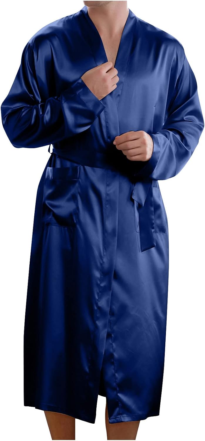 Cambkatl Mens Silk Robe Lightweight Long Sleeve Belted Kimono Bathrobe Satin Sleepwear Loungewear with Pockets