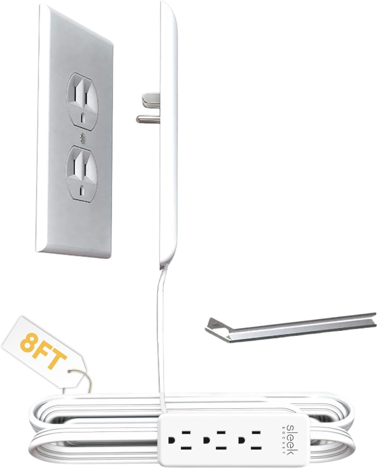 Sleek Socket Original & Patented Pet Proofing Outlet & Plug Concealer with Protective Cord Clips, 8-Foot Flat Extension Cord with Multiple Outlets, Safeguard from Chewing Dangerous Cords