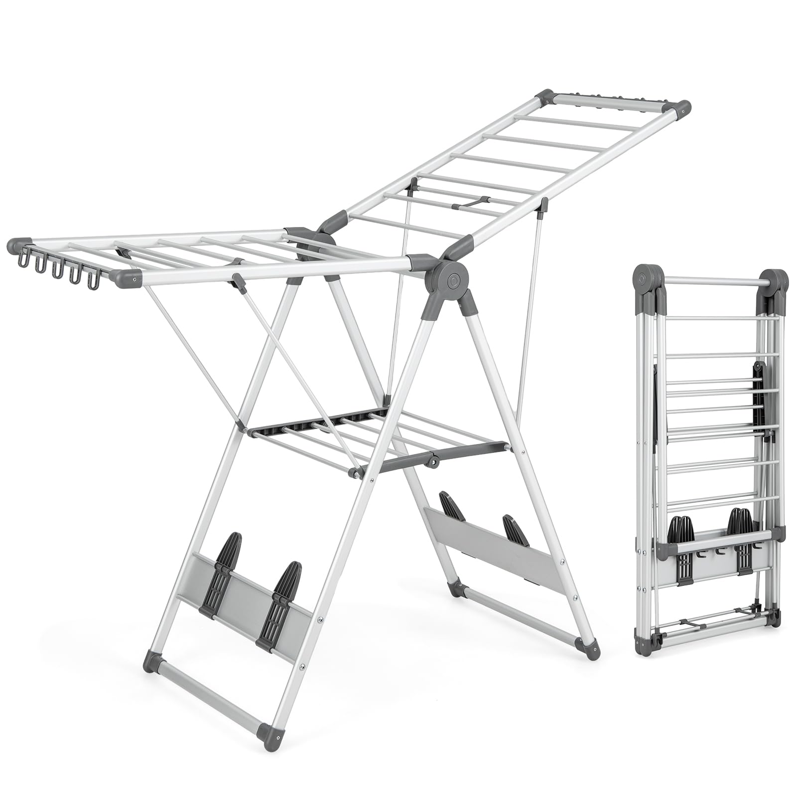 GIANTEX Klappbarer Wäscheständer, 2-lagiger platzsparender Aluminium-Wäscheständer mit verstellbaren Flügeln, 21 Trocknungsschienen, 10 Seitenspangen und 4 Schuhhaltern