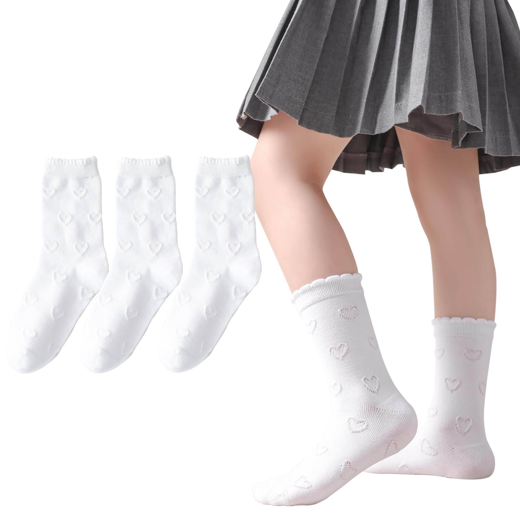 Marchare Chaussettes à volants blanches habillées pour uniforme scolaire Motif cœur nœud pour fille