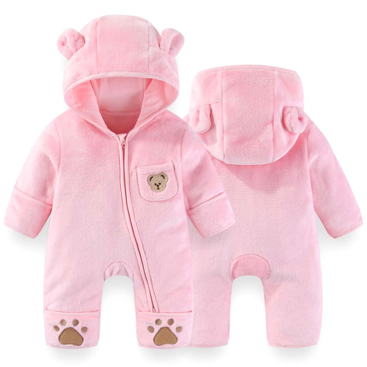 Fairy Baby Newborn Baby Bear Outfit With Fold-Over Mittens Footies Thin Fleece Romper Hooded Jumpsuit Winter Coat Girls