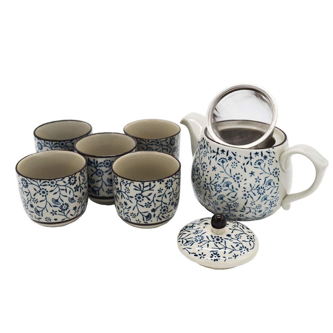 Mopoq6 PCS Japanese Style Camelia Flower Teapot Tea Cups Set Ceramic Teapot And Gift Packaging For Loose Leaf Tea, Blooming Tea And Tea Bags,1Teapot,1 Leaf Strainer & 5 Teacups