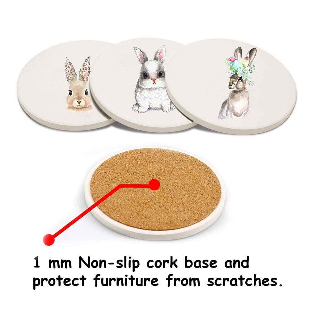 MAYCARI Watercolor Rabbit Coasters Set of 4 with Cork Base Protection - Image 4