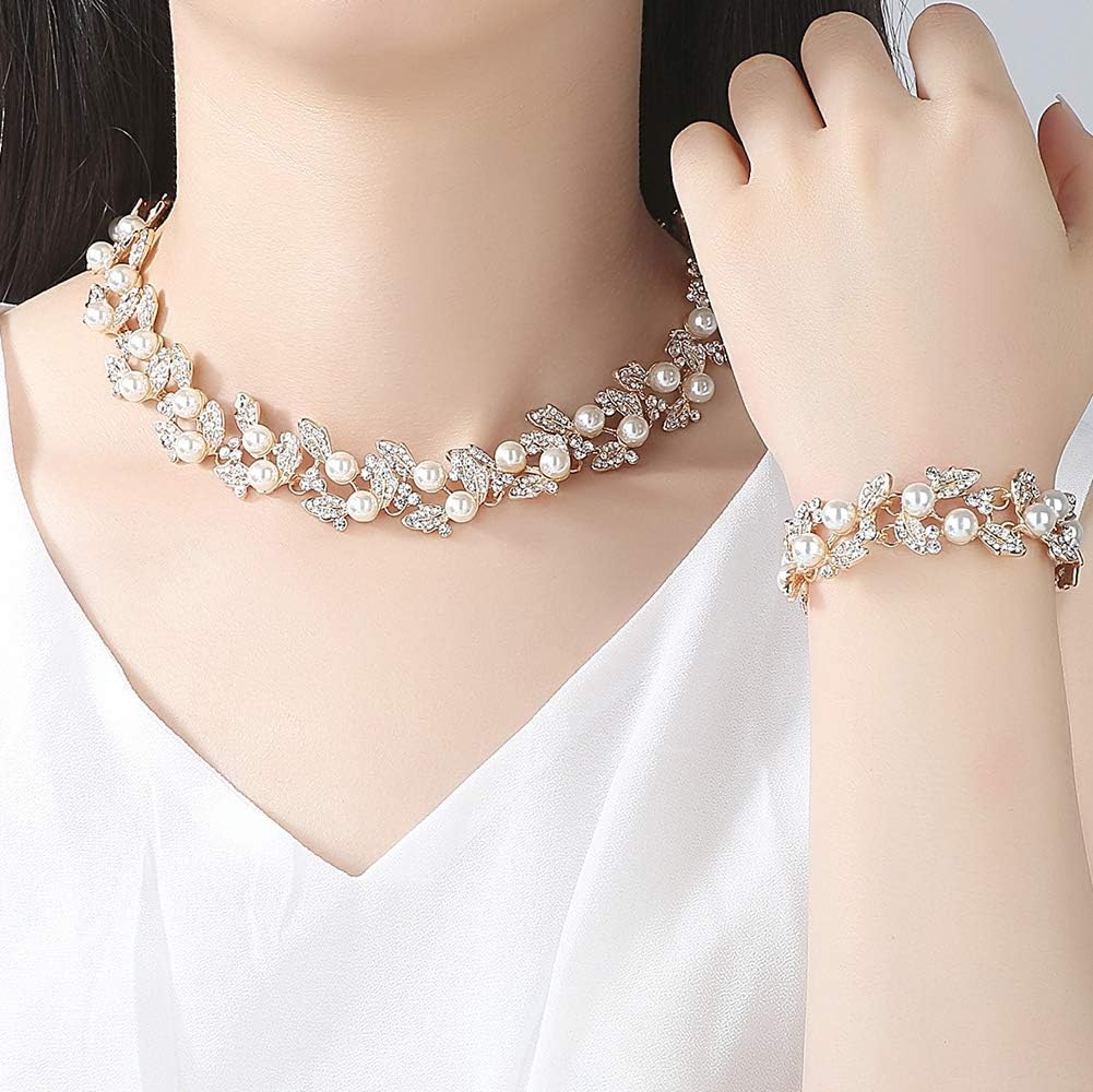 mecresh Simulated Pearl Leave Floral Bridal Jewelry Sets, Crystal Wedding Necklace Earrings Bracelet Sets Jewelry Engagement Gift