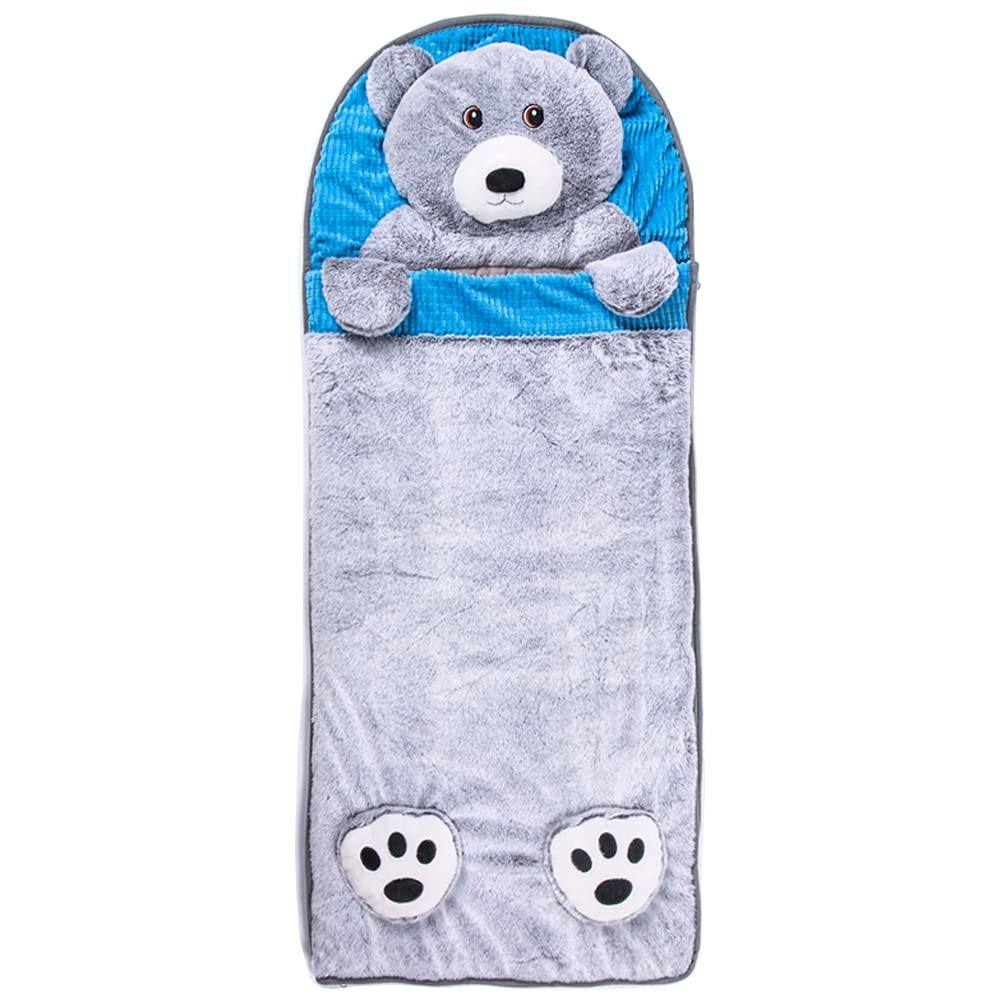 Wilonsa Sleeping Bag for Kids Happy Bear 51x21 Inches Surprise Animal Boys Girls Slumber Bags with Pillow for Daycare Preschool Kindergarten All Season Sleepy Bag Grizzly Bear
