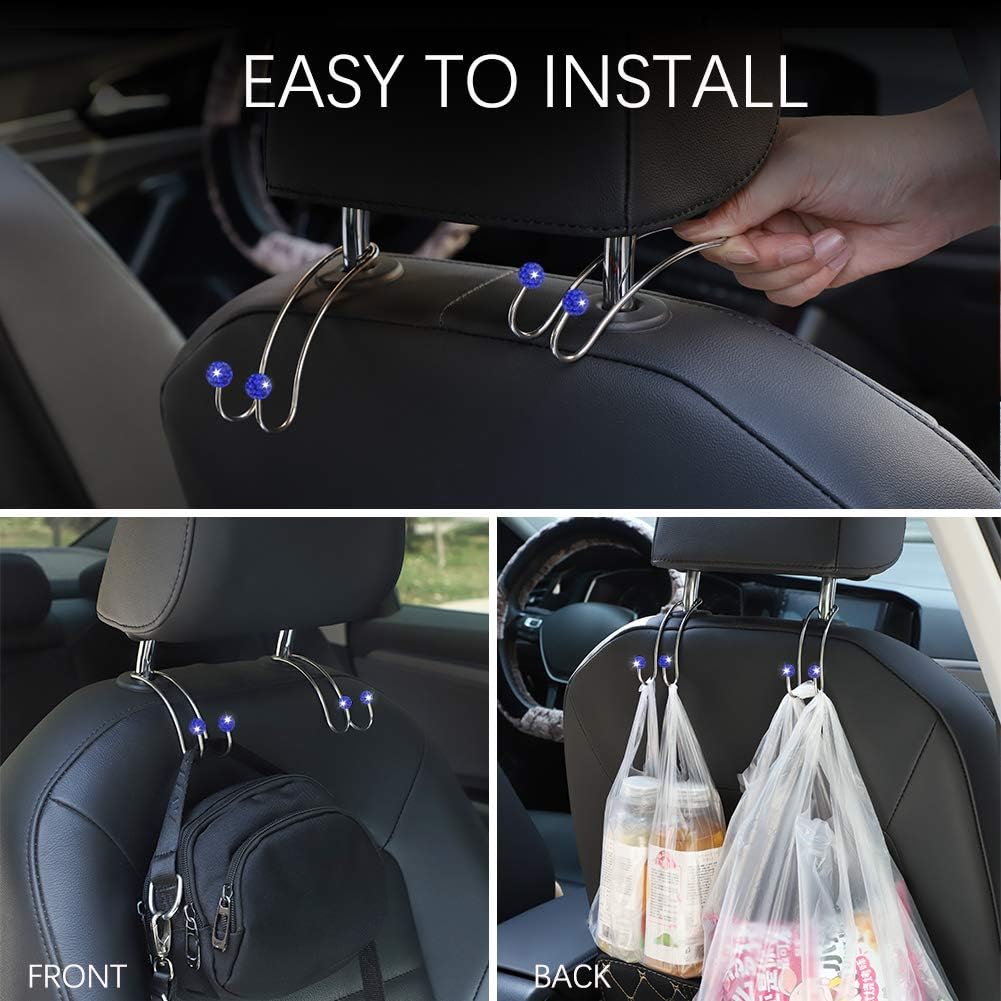 Car Hooks, Artscope Multifunctional Organizer Hooks Universal Bling Diamond Car Headrest Hangers Hooks for SUV Truck Vehicle, Strong and Durable Auto Backseat Hanger Storage, 2 Pack (Navy Blue)