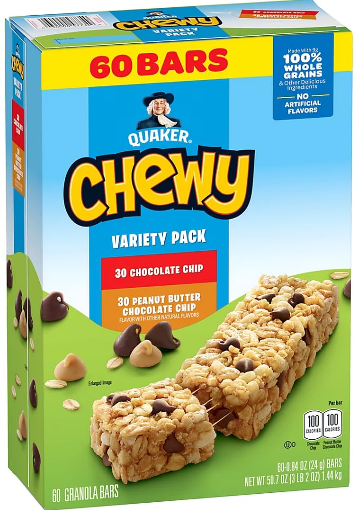 Quaker Chewy Lot de 60 barres granola Chewy aux pépites de chocolat et au beurre d'arachide (dans un emballage NEYUM )
