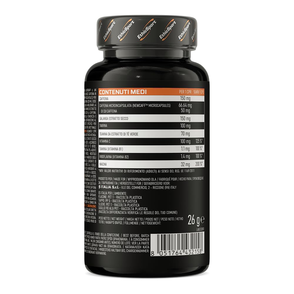 ETHICSPORT Caffeina Suprema 200 mg di Caffeina a rilascio modulato con NEWCAFF, EnXtra, Teanina e Taurina – utile per lucidità mentale e concentrazione – 30 capsule vegetali