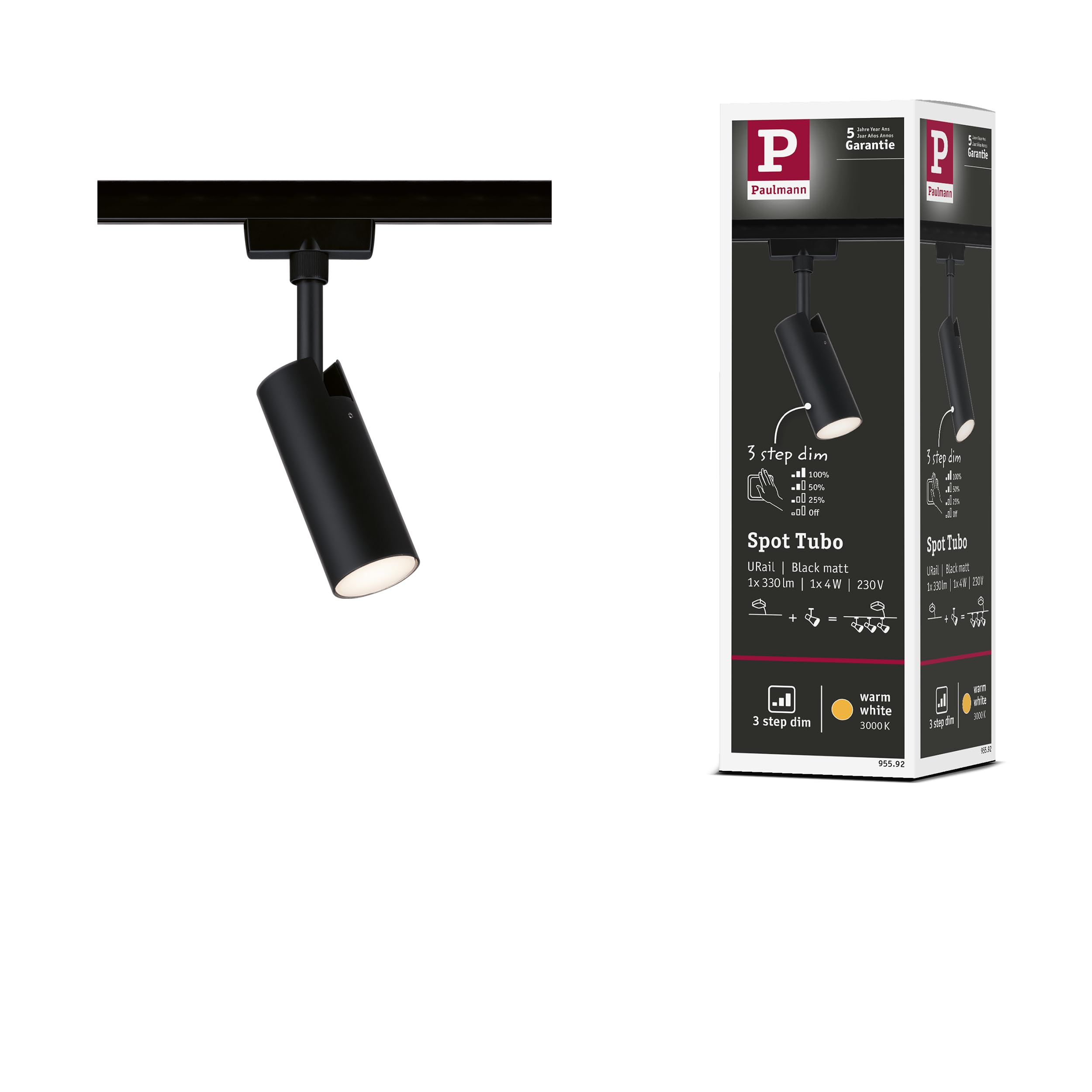 Paulmann 95592 3-Step-Dim Tubo URail LED Individual spot 150lm 4W 3000K dimmable 230V Black matt Rail System
