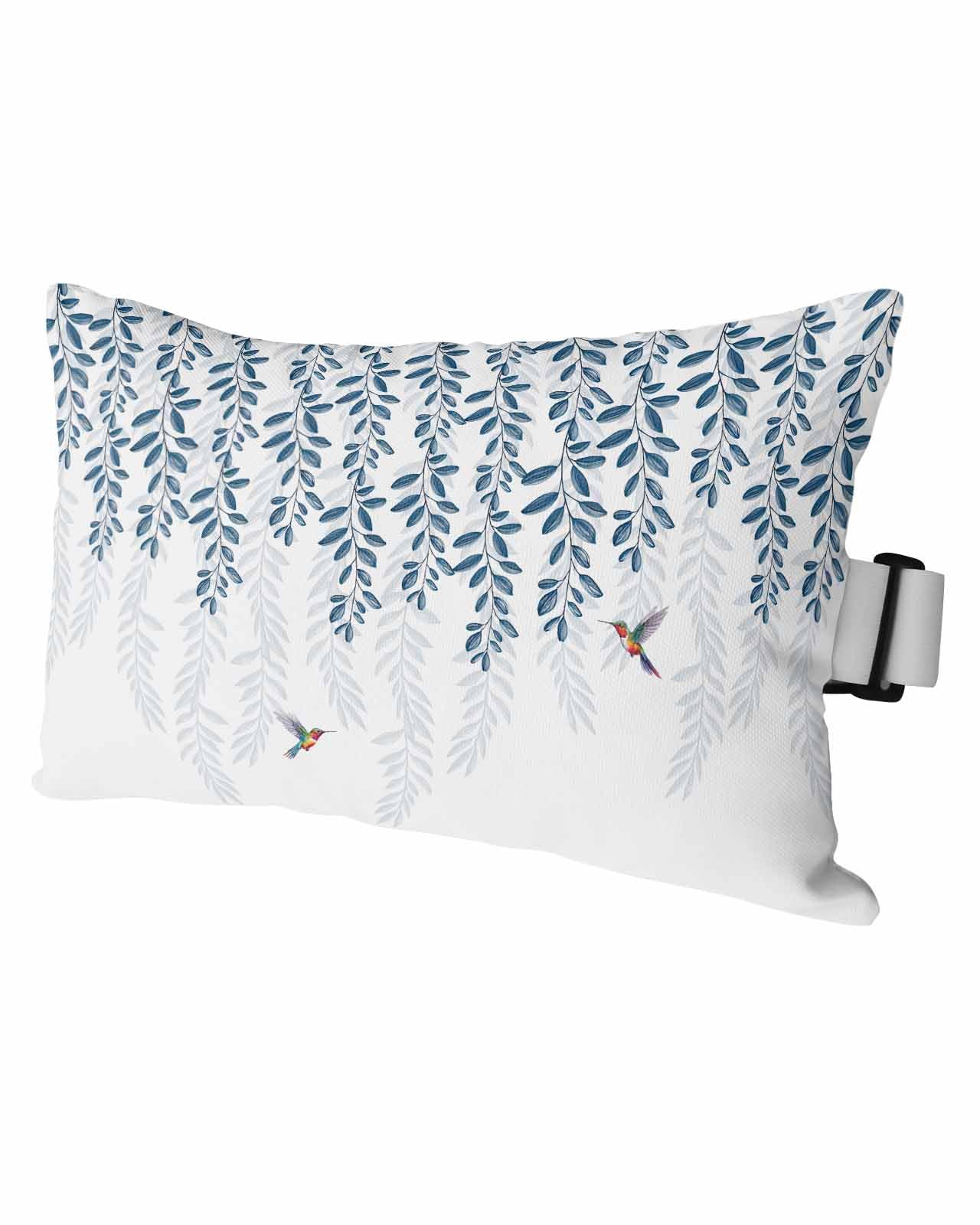 HERBED Outdoor Pillows Covers with Inserts Spring Watercolor Blue Leaves with Birds White Waterproof Pillow with Adjustable Strap Throw Pillows for Patio Furniture Pool Lounge Chair, 12x20 Inch, 1PCS