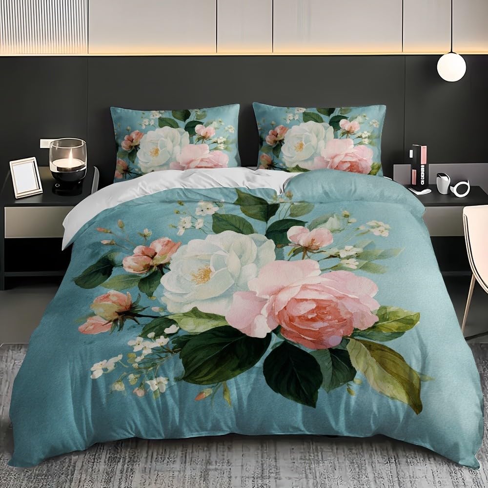 3-częściowy komplet pościeli 180 x 200 cm, z mikrofibry, akwarela, róże, kwiaty, poszwa na kołdrę z zamkiem błyskawicznym, 2 poszewki na poduszkę 80 x 80 cm, oddychająca, nie wymaga prasowania i